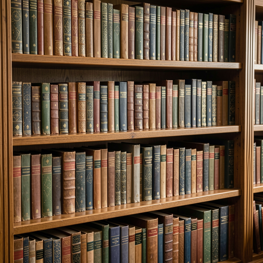 Estantería de biblioteca llena de libros antiguos sobre astronomía y astrología