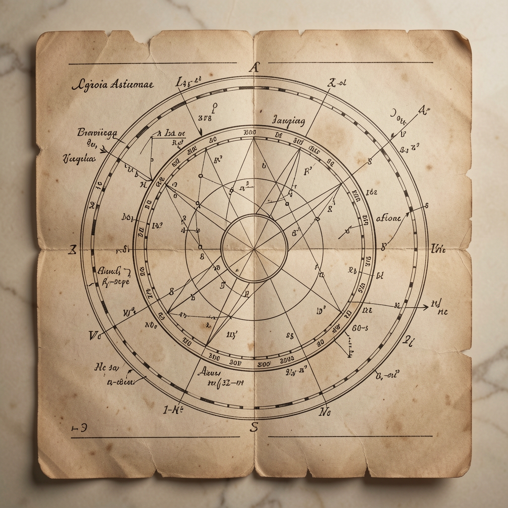 Carta astral antigua dibujada a mano con anotaciones astronómicas en tinta