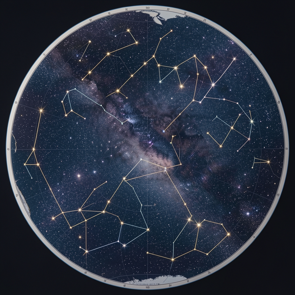 Mapa celeste con constelaciones y líneas trazadas entre estrellas brillantes