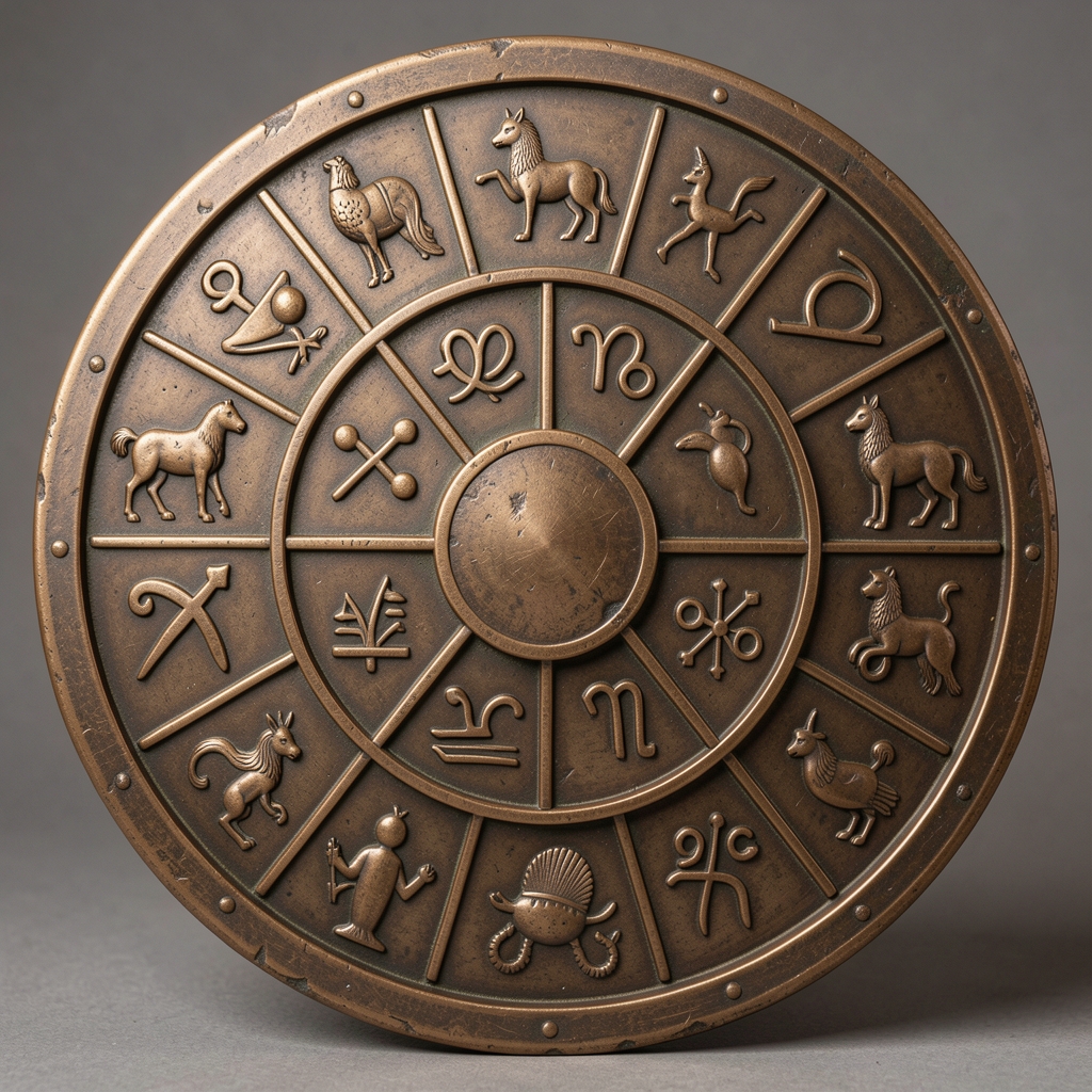 Rueda zodiacal antigua de bronce con los doce símbolos astrológicos grabados