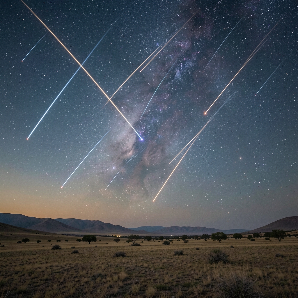 Lluvia de meteoros cruzando el cielo nocturno sobre un paisaje despejado