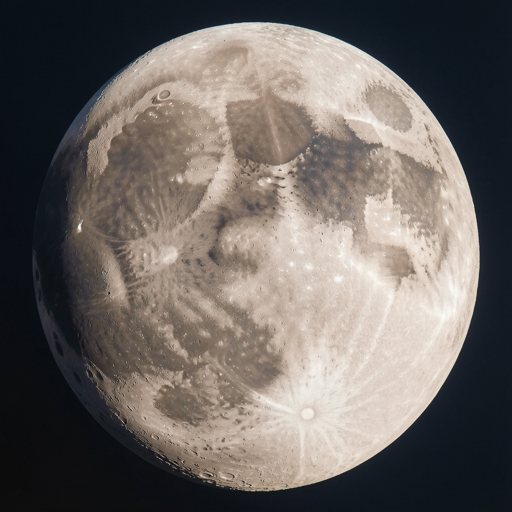 Luna llena fotografiada en alta definición mostrando sus cráteres y mares lunares