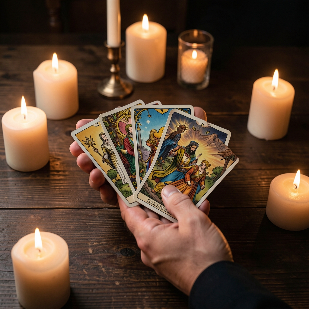 Manos sosteniendo cartas de tarot sobre una mesa de madera oscura con velas