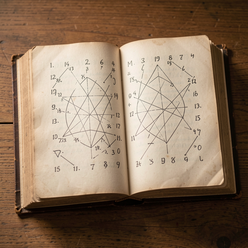 Libro antiguo abierto con números y símbolos astrológicos manuscritos