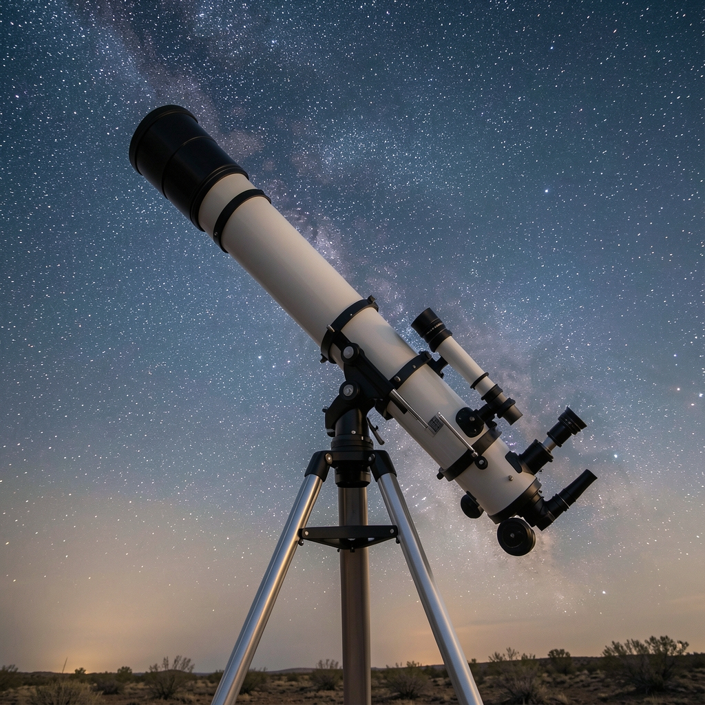Telescopio astronómico apuntando hacia un cielo estrellado despejado por la noche