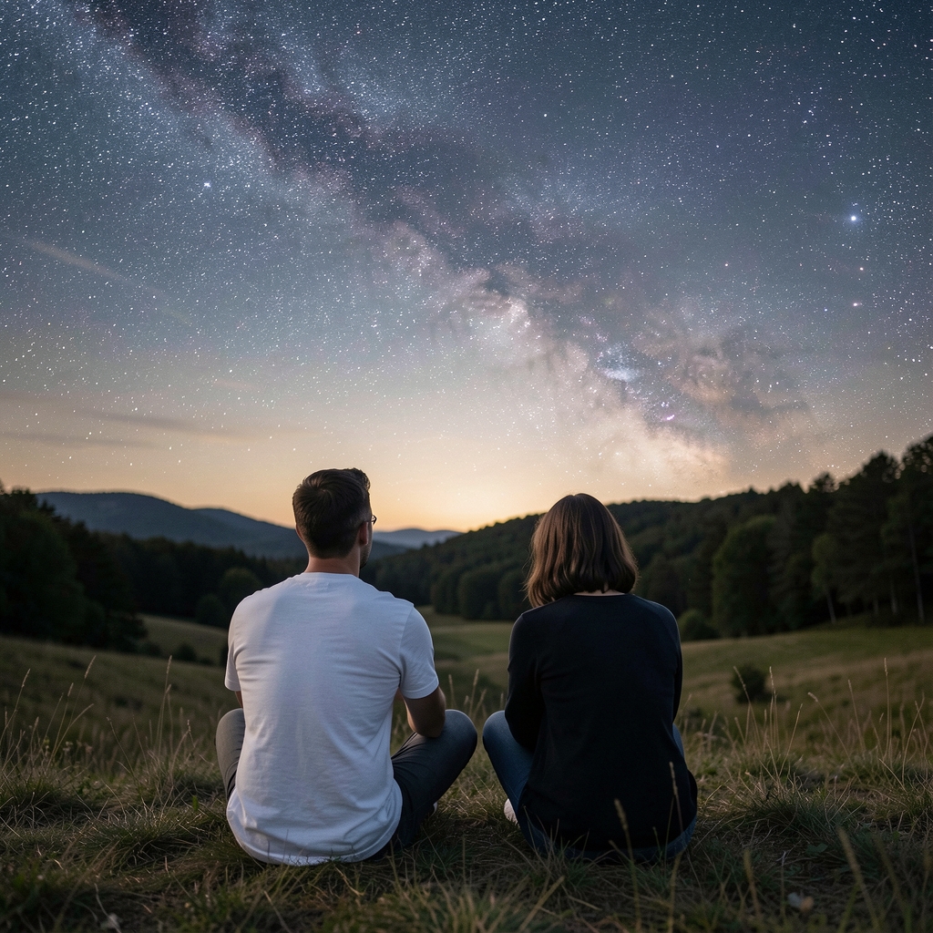 Pareja sentada al aire libre observando el cielo estrellado durante la noche