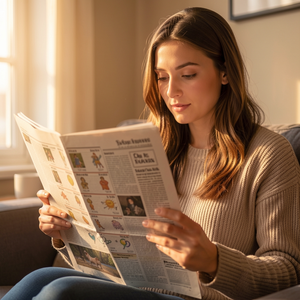 Mujer joven leyendo un periódico con la sección de horóscopos bajo luz cálida