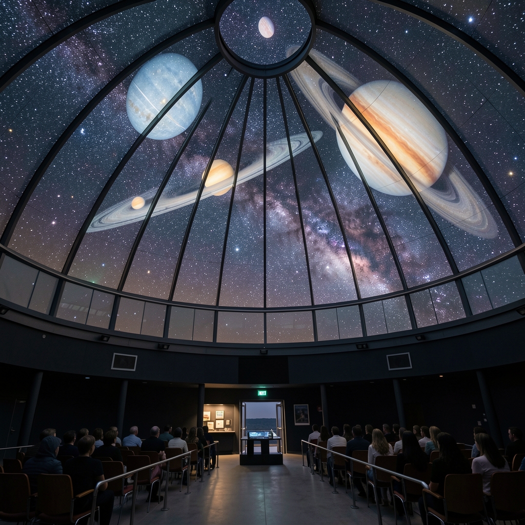 Interior de un planetario con cúpula proyectando estrellas y planetas