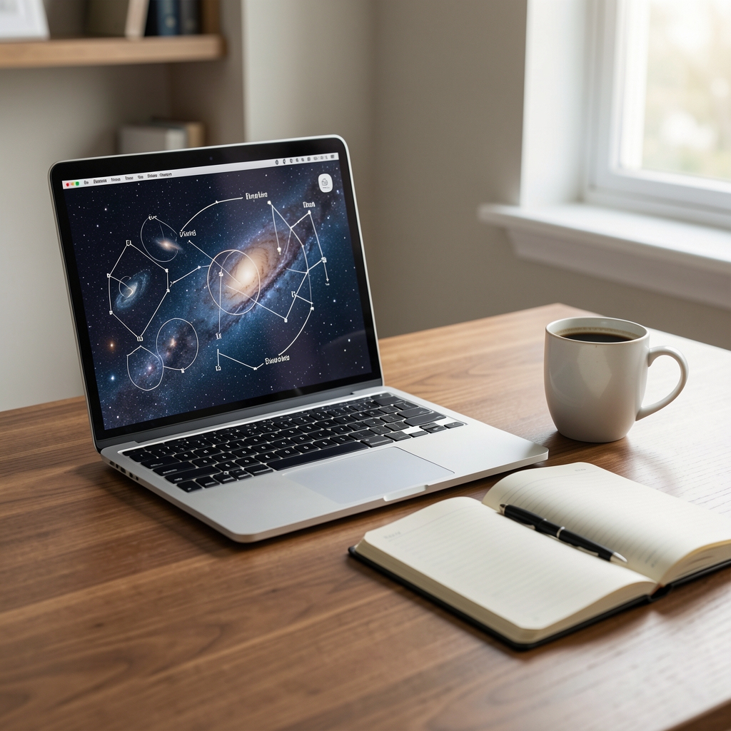 Escritorio con laptop, cuaderno y taza de café para redactar un artículo de astrología