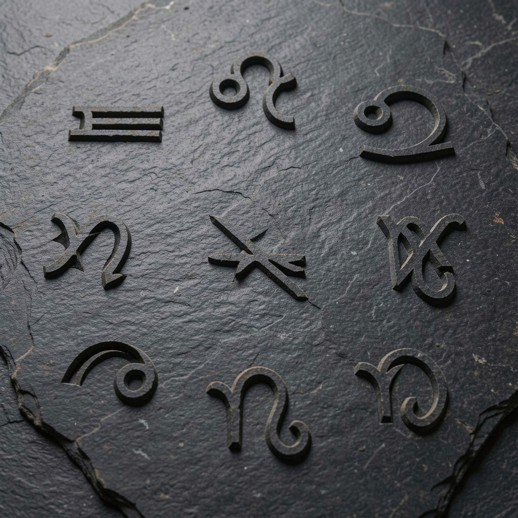 Símbolos de los doce signos zodiacales tallados en una superficie de piedra oscura