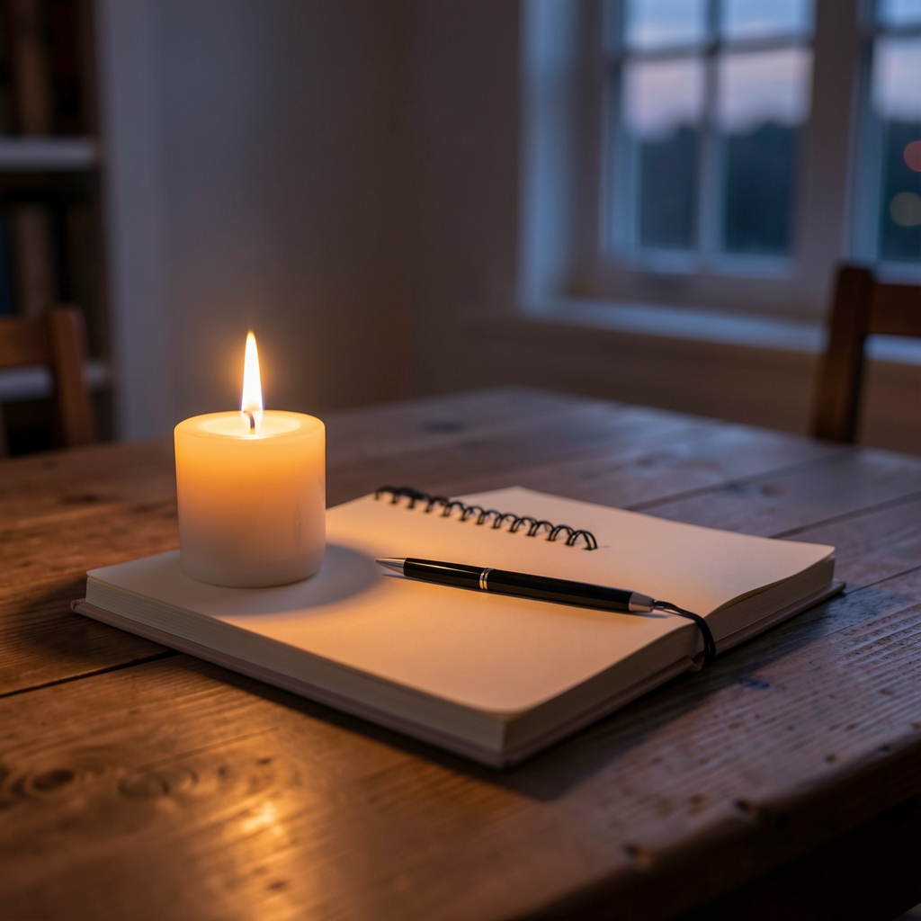 Vela encendida junto a un cuaderno de notas sobre una mesa de madera al anochecer
